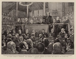 Het Kerkcongres in Nottingham, de Aartsbisschop van Canterbury spreekt de Werkliedenbijeenkomst toe in de Victoria Hall